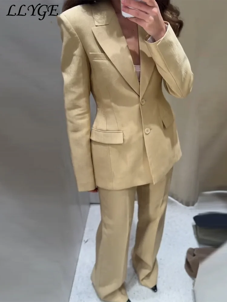 

Elegant Cotton Linen Blazer Pants Sets Slim Waist Lapel Suit Jackets High Waist Straight Pant 2025 Spring Summer Commute Outfits