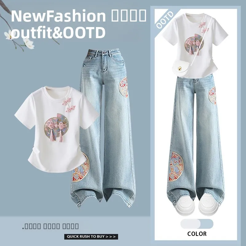 

Новинка 2025 года, женский комплект Faion в китайском стиле Or Sve, футболка и джинсы с вышивкой, комплект из двух предметов, эффект похудения, национальный...