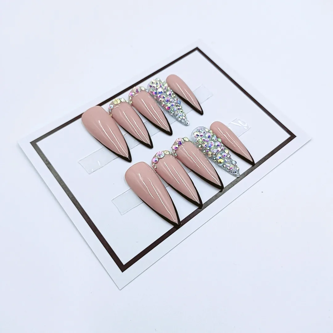 2024Customized Handmade Pink Glittery Fake Nail With Glue Y2K Detachable False Nails Tips Reusable Press On Nails Coffin