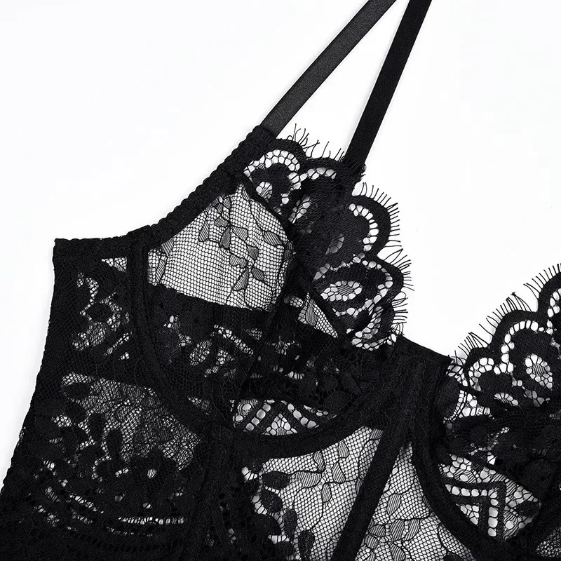 منامة وسراويل داخلية تنورة ملابس داخلية مثيرة دانتيل أسود شفاف طقم قميص قصير بقصة ضيقة يشمل ملابس مثيرة من قطعة واحدة مشد