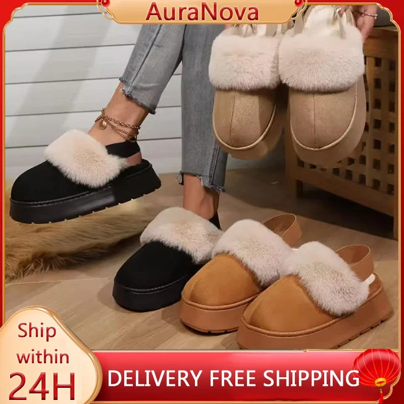 

2025 of Women's Fashion Snow Boots Fluffy Plush Faux Fur Soft Slippers Winter Indoor Comfortable Home Men's Shoes tenis de mujer