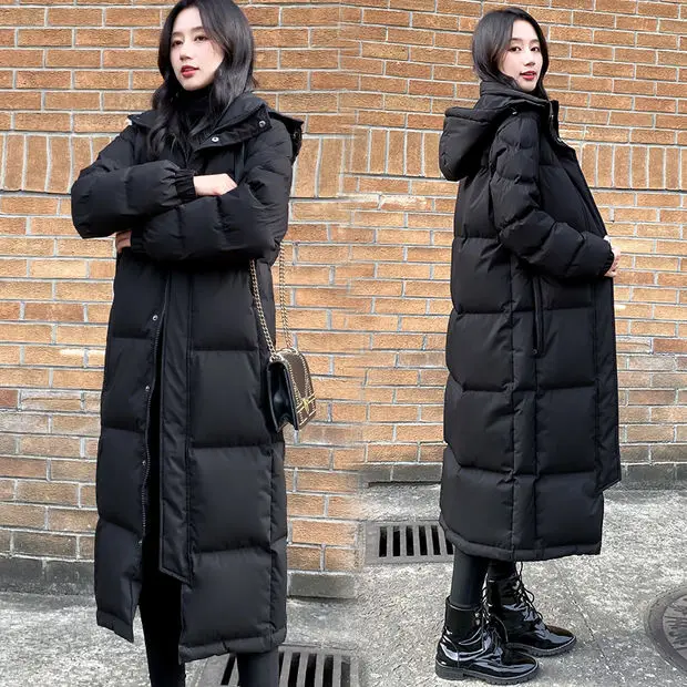 

Winter Womens Down Jackets Long Ultra Light Thin Casual Coat Solid Color Puffer Jacket Wide-waisted Remove Hooded Parka T571