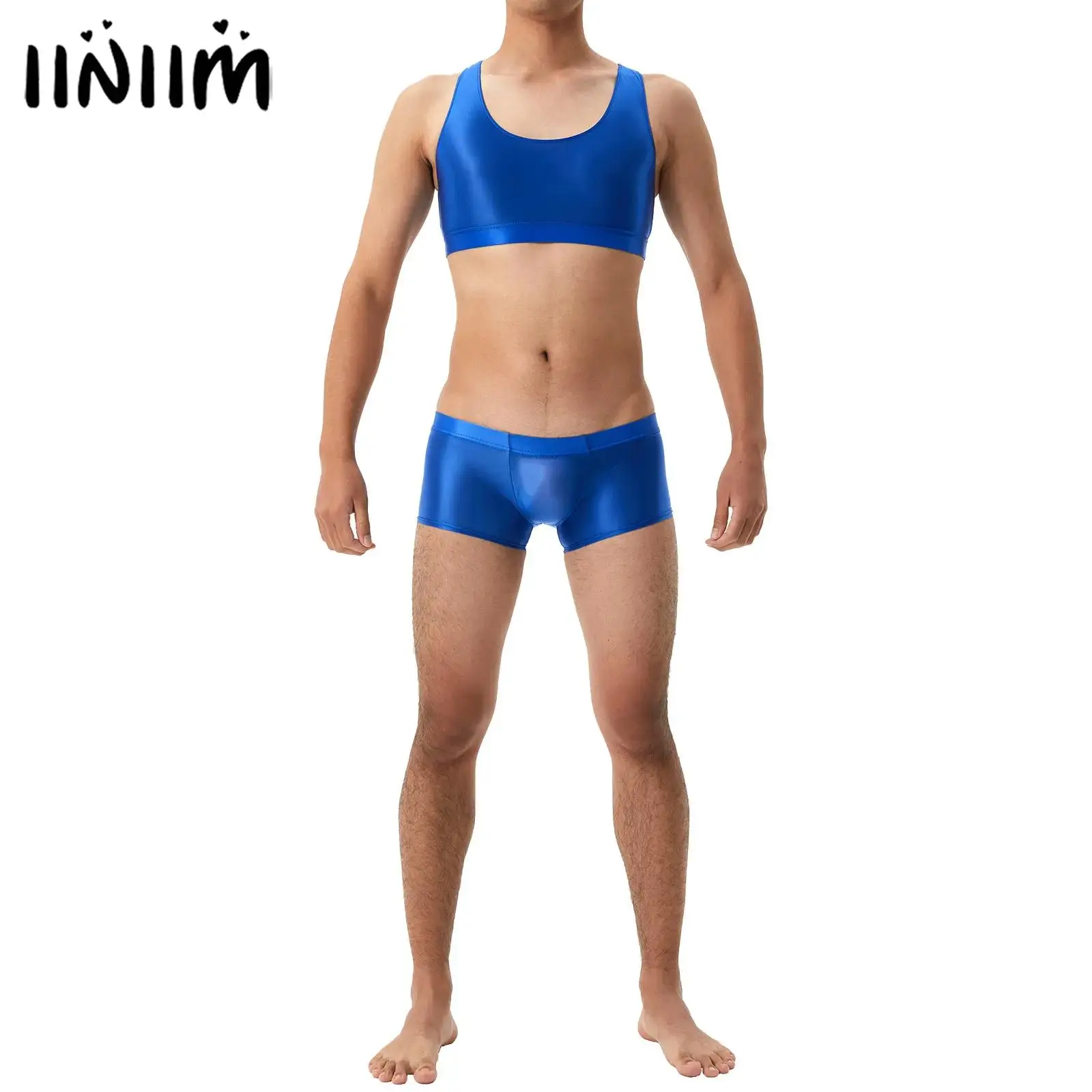 

Mens Two Pieces Swimsuit Glossy Swimwear Set Sleeveless U Neck Racerback Crop Top with Elastic Waistband Boxer Briefs Underwear