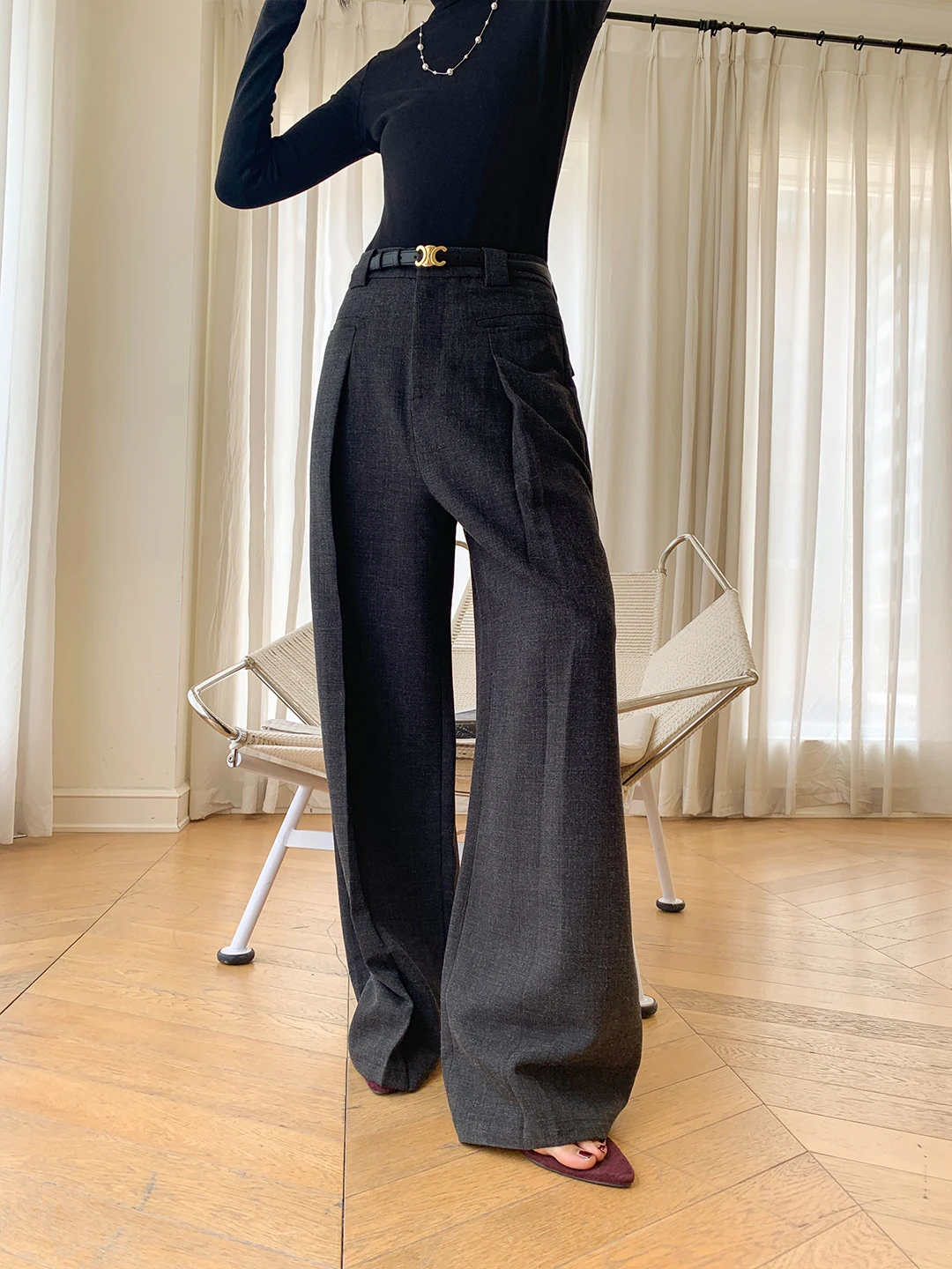 

ZOCHEEO Grey Straight Leg Floor-Length Casual Pants Women Summer Slimming Versatile Wide Leg Suit Pants Loose Fit Natural Waist