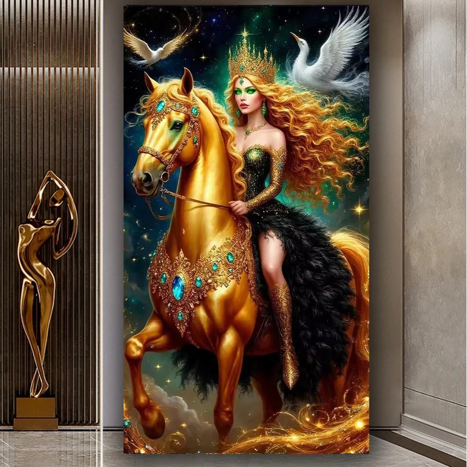 

5D Diy Diamond Painting Women Beauty and Black Gold Horses Full Mosaic Animal Images Jewelry Cross Embroidery Kit Decoration