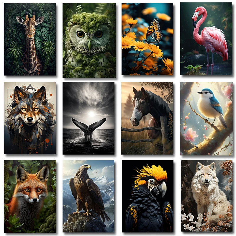 Wildlife Animal Wolf Horse Owl Eagle Fox Parrot Poster Print Butterfly Flamingo Canvas Painting for Living Room Home Decor