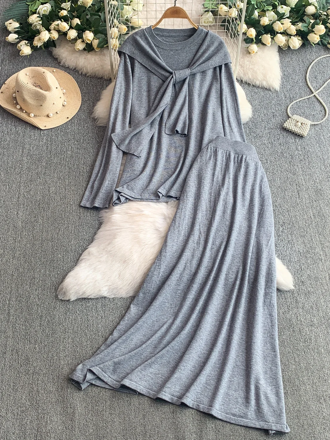 ay Simple Knitted Long Sve Hat oulder awl round Ne High Waist  Skirt Set Faionable Slimming Ensemble for Women