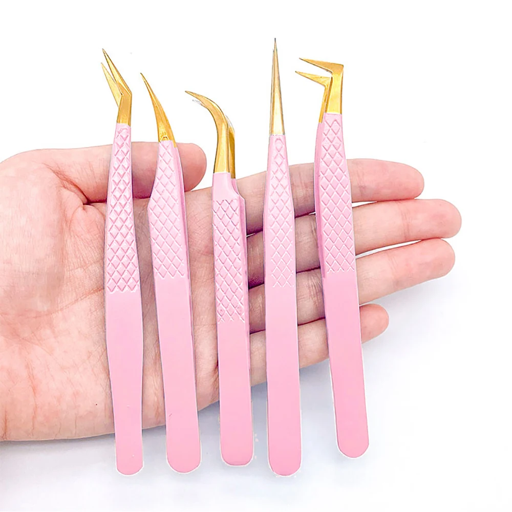 1 Pcs Eyelash Tweezers Extension Pink Stainless Steel Superhard Tweezers With Fiber Tips High Precision Anti-Static Tweezers