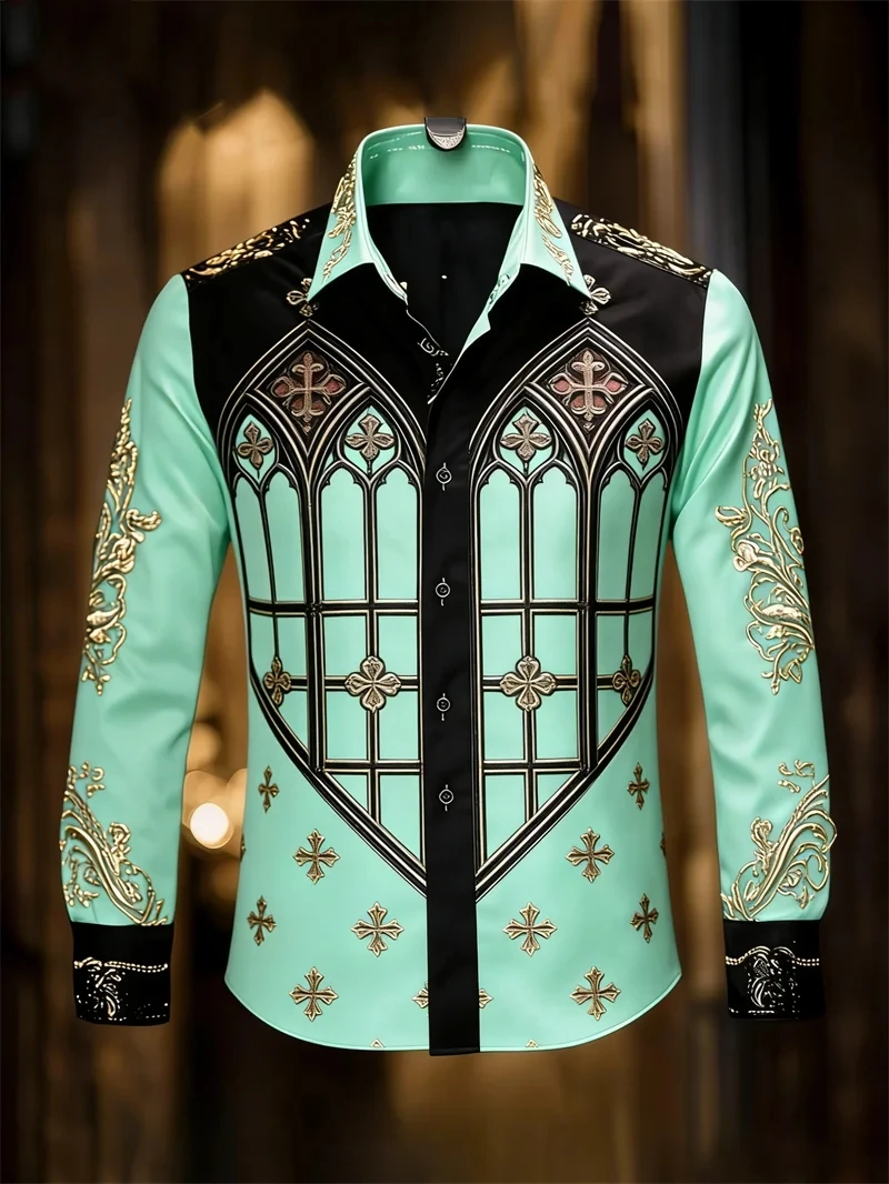 Men's 3D Cross Print Satin Shirt Luxury High-Quality Fabric Fashionable Casual Long Sleeve Lapel Party Top For Men
