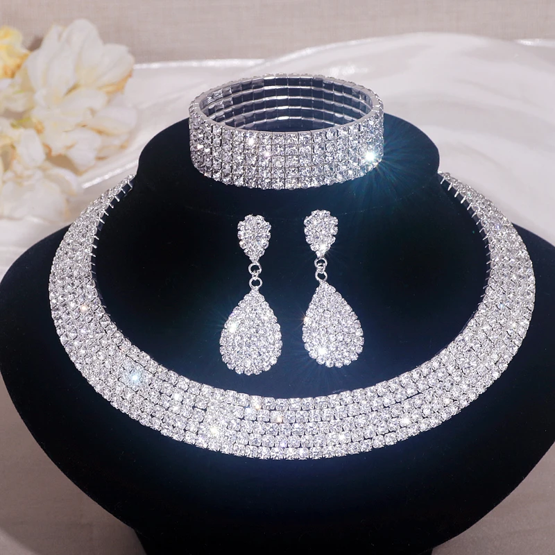 Luxury Round Rhinestone Necklace Set for Women Classic Silver Color Necklace Bracelet Earring Jewelry Set Bridal Wedding Jewelry