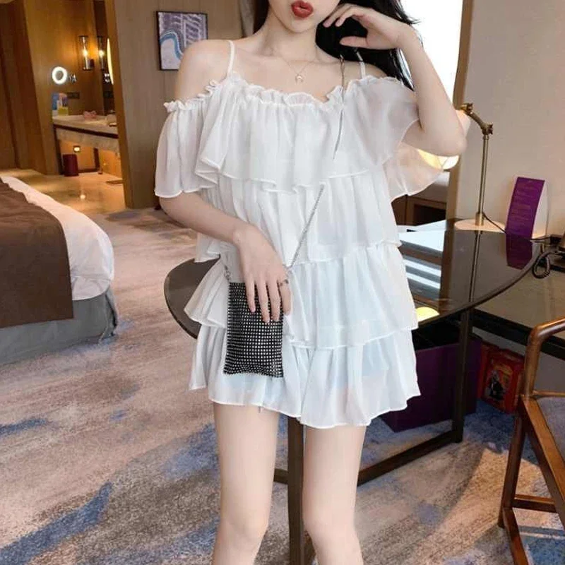 Sweet Summer New Off Shoulder Chiffon Slip Dress Solid Pleated Loose All-match Fashion Mini Dress Korean Sexy Women Clothing