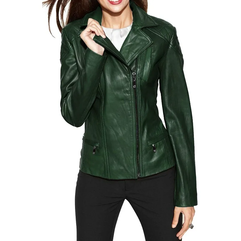 Women's 100% Lambskin Leather Jackets Motorcycle Biker Slim Fit Green Zip Up