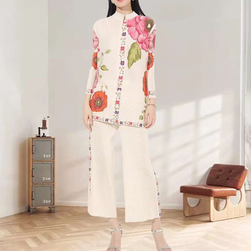 

Miyake Pleated Pants Set Plisse Print Set Women Fashion Fold Stand Collar Pleat Top Simple Wide Leg Trousers Pleats 2 Piece Set