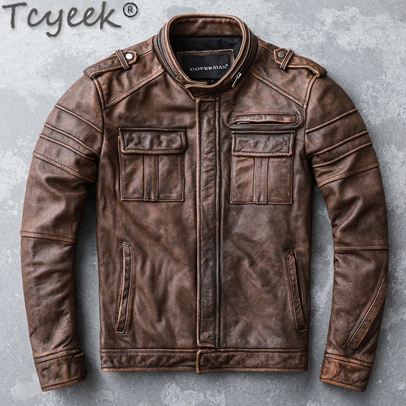 

Tcyeek Top Layer Cowhide Coats Men Vintage Leather Coat Genuine Leather Man Jackets Stand Collar Motocycle Jacket Jaqueta Couro