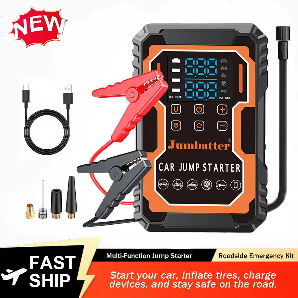 Car Jump Starter 12V Tire Inflator Air Compressor Battery Booster Pack Dual Display LED Power Bank for SUV Truck Motorcycle