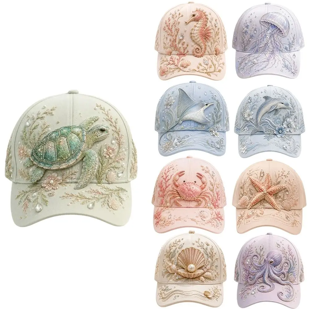 Creative 3D Ocean Creatures Embroidery Cap Breathable Adjustable Peaked Cap Ethnic Style Lightweight Sports Sun Hat for Women