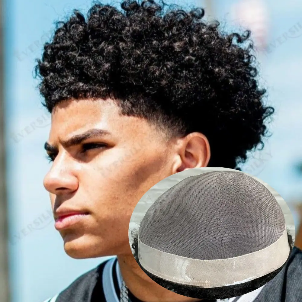 باروكات رجالية 8 مللي متر/10 مللي متر أفرو غريب مجعد 100% شعر بشري شعر مستعار أحادي الدانتيل ونظام NPU نظام شعري طبيعي شعري اصطناعي #1