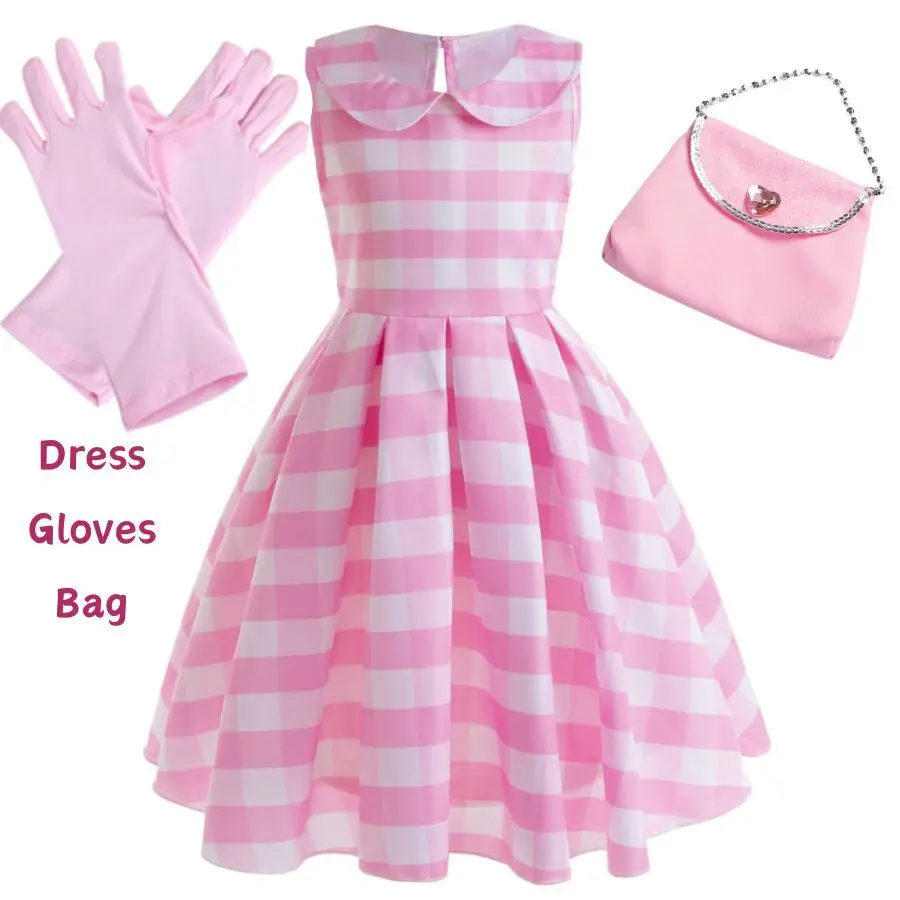 Children's Barbie Dress For Girls Sweet Pink Plaid Cosplay Party Sleeveless Dress Christmas Clothes Kids New Year Costumes Gift