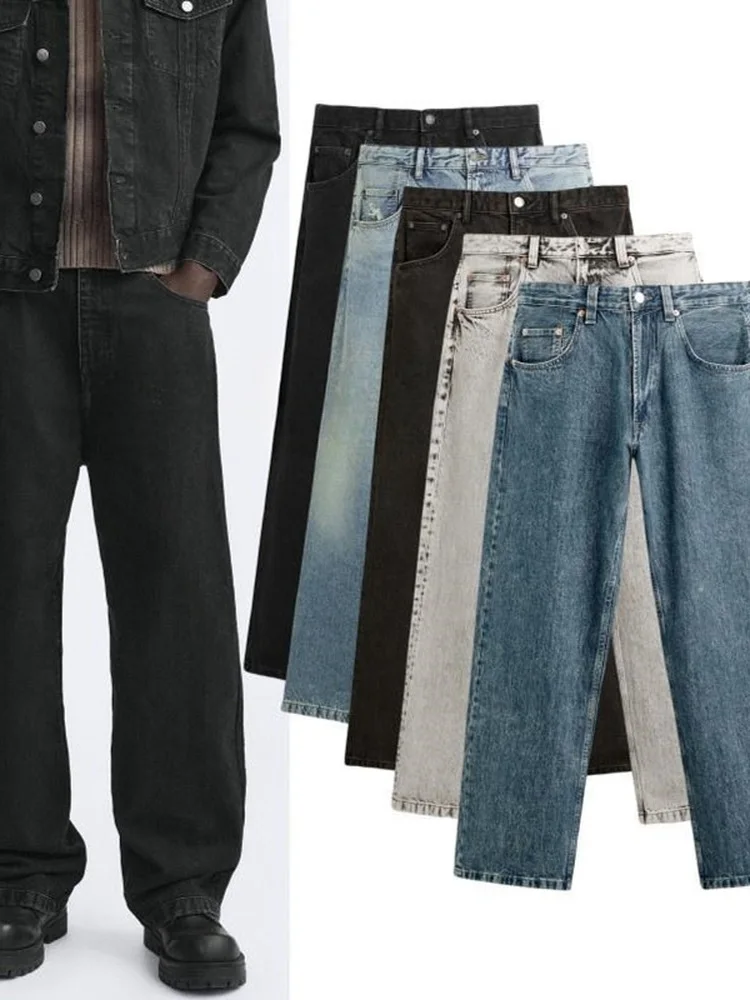 

Мужские джинсы в американском ретро-стиле, свободного прямого кроя, с эффектом потертости, осенне-зимняя новинка, универсальные повседневные джинсы свободного кроя