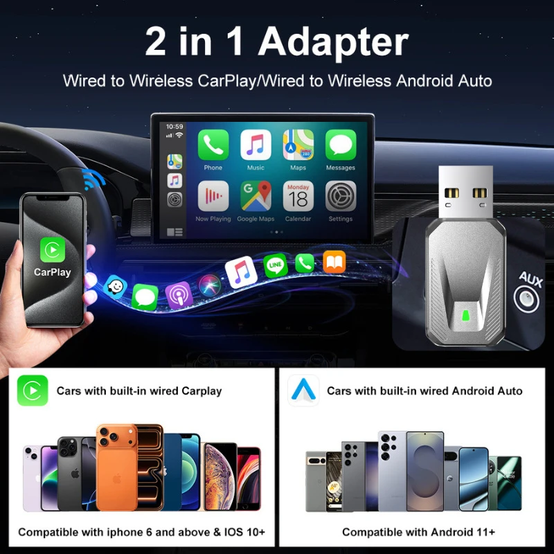 Xiaomi Wireless CarPlay Android Auto AI Box 2in1 Адаптер для автомобильной стереосистемы iPhone Huawei Samsung Быстрое подключение Простая установка