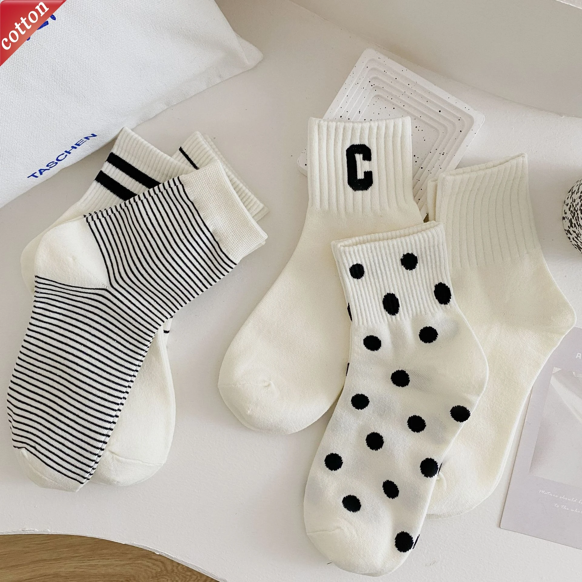 5 Pairs Women's Socks Set Korean Dot Stripes Preppy Style Versatile Comfortable Sports Cotton Socks For Kawaii Sweet Cute Girl
