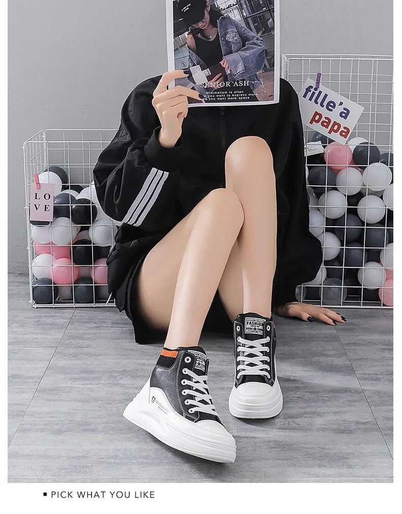 Black Women Sneakers High Top Fashion 2022 Breathable White Sport Shoes Platform Chunky Heel Wedge Leather Tennis Female Baskets