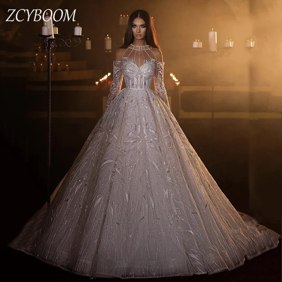 Abito da sposa con paillettes personalizzato con scollo a O e spalle scoperte 2024 Abito da sposa con cerniera a trapezio lungo fino al pavimento