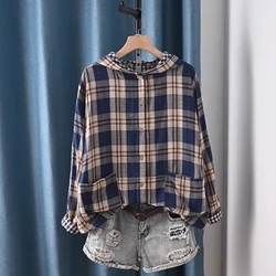 Plus size tops 100% cotton yarn plaid blouses for Women Japan fashion long sleeve hooded checkered shirts casual hoodies