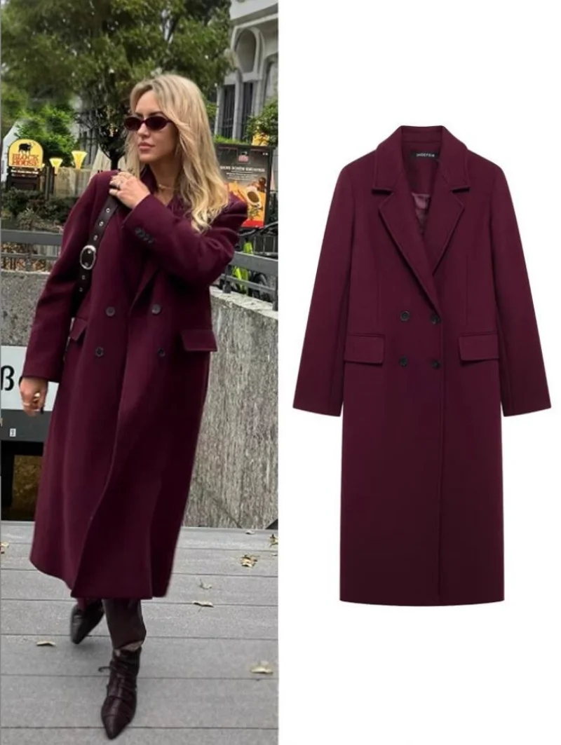 

Women Fashion Burgundy Coat Double Breasted Long Sleeve Lapel Blends Jacket Autumn Winter High Street Outerwear