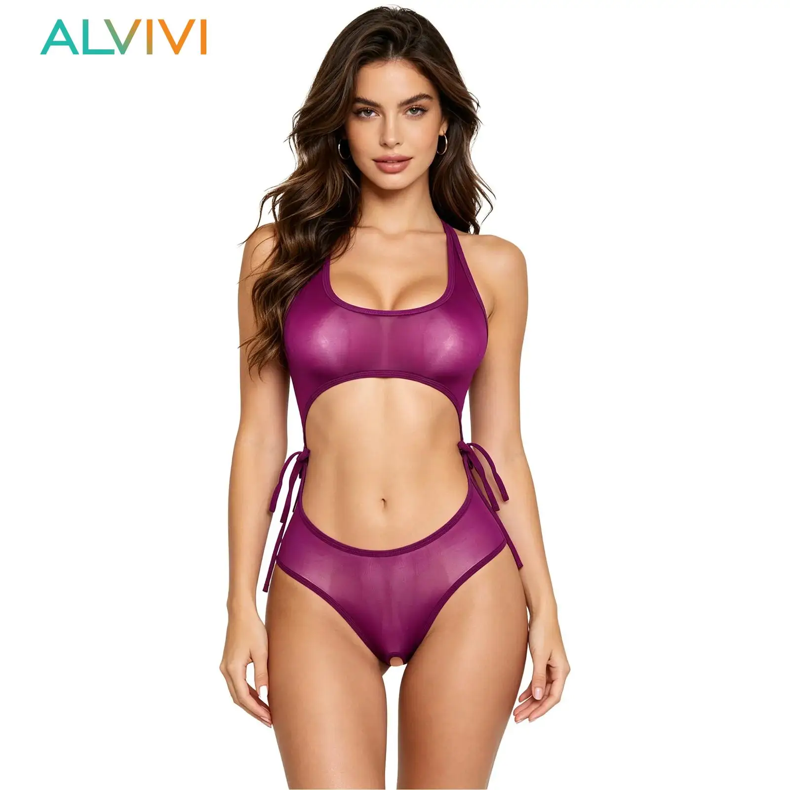 

Womens Halter Two Pieces Swimwear Lingerie See Through Swimsuit Backless Tied with Crotchless Briefs Faux Pearl Crotch Briefs
