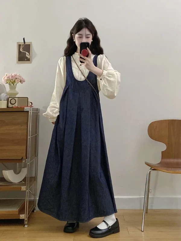 

plus Size Women's Korean Retro Waed Denim U-Ne Vest Dr Summer New Sle A-Line Long Skirt High Waist Spring Ci Commute