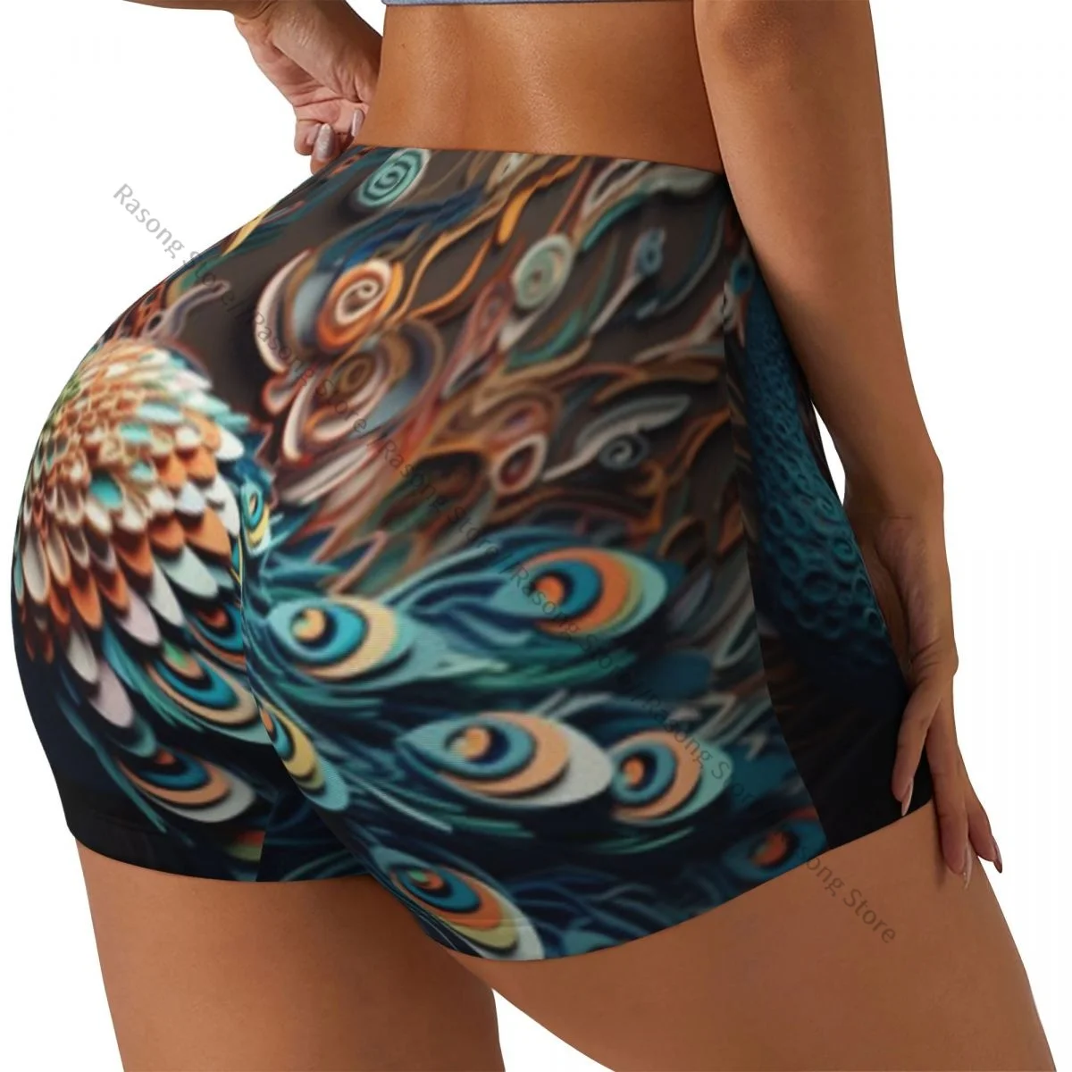 Sexy apertado quadril esportes shorts colorido pavão fitness feminino confortável yoga shorts