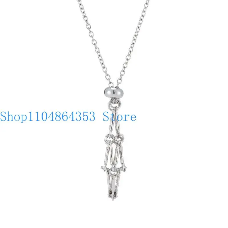 652F Empty Crystal Stone Holder Necklace Cord Adjustable Natural Crystal Cage Necklace Clavicle Chain Mesh Pendant Necklace