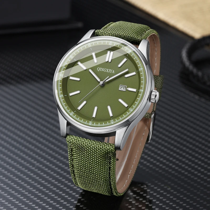 QINGXIYA Brand New Fashion Green Quartz Watch Men Leather Strap Waterproof Luminous Date Sports Watches Mens Relogio Masculino