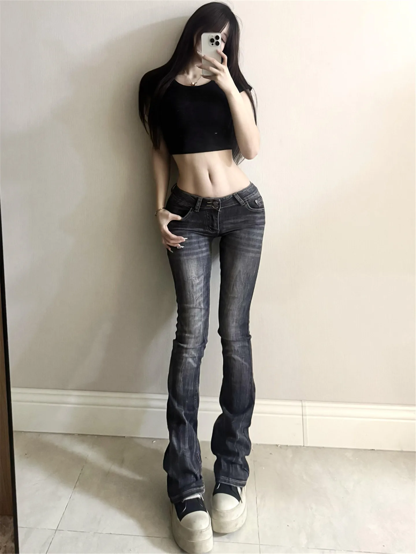 

Ретро-джинсы американского стиля с низкой посадкой, черные, женские, весенние, утягивающие, удлиненные, в стиле миллениум, сексуальные, прямые, из хлопкового денима