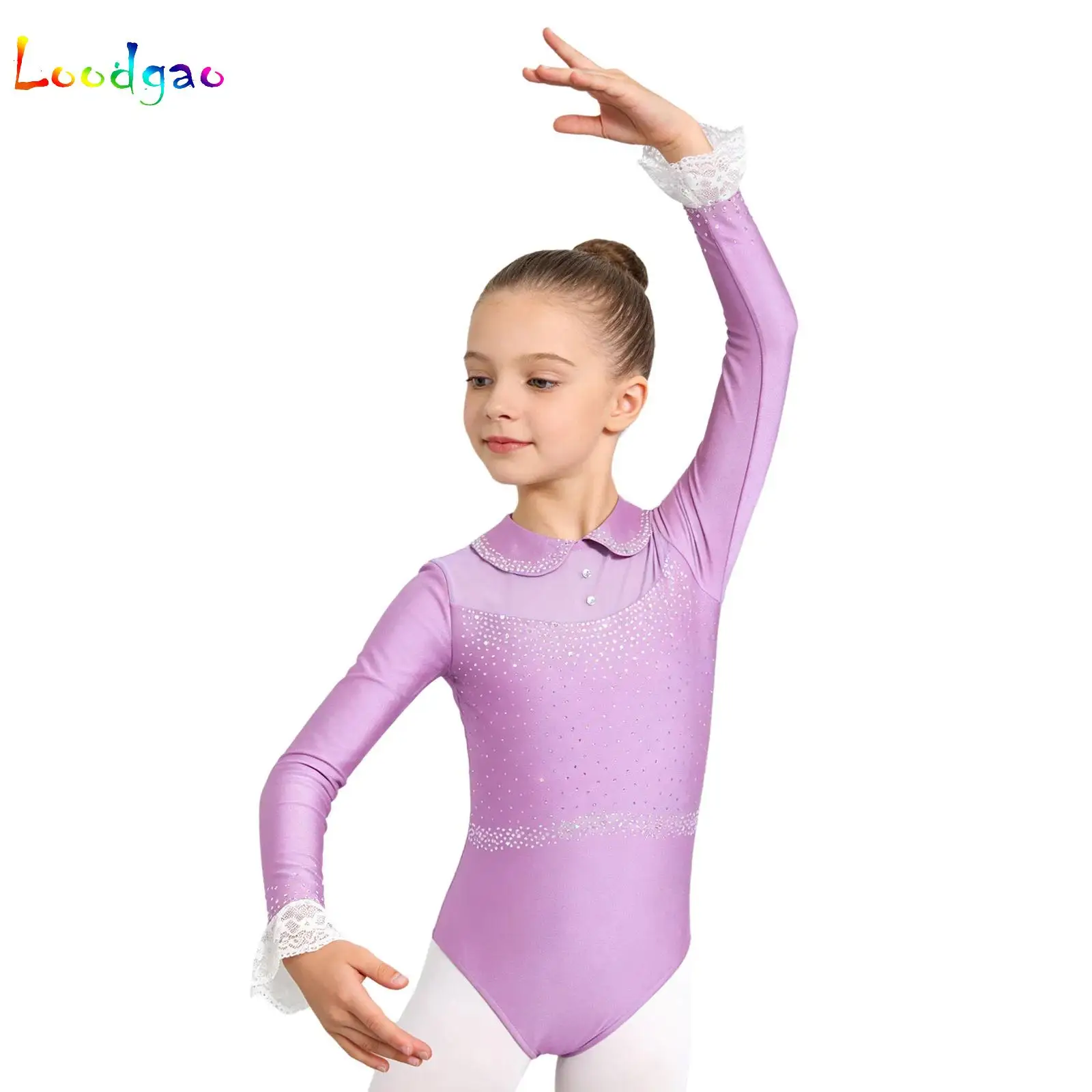 

Kid Girls Lyrical Mesh Gymnastics Ballet Dance Leotard Cute Collar Lace Cuffs Long Sleeve Rhinestones Ballet Performance Clothes