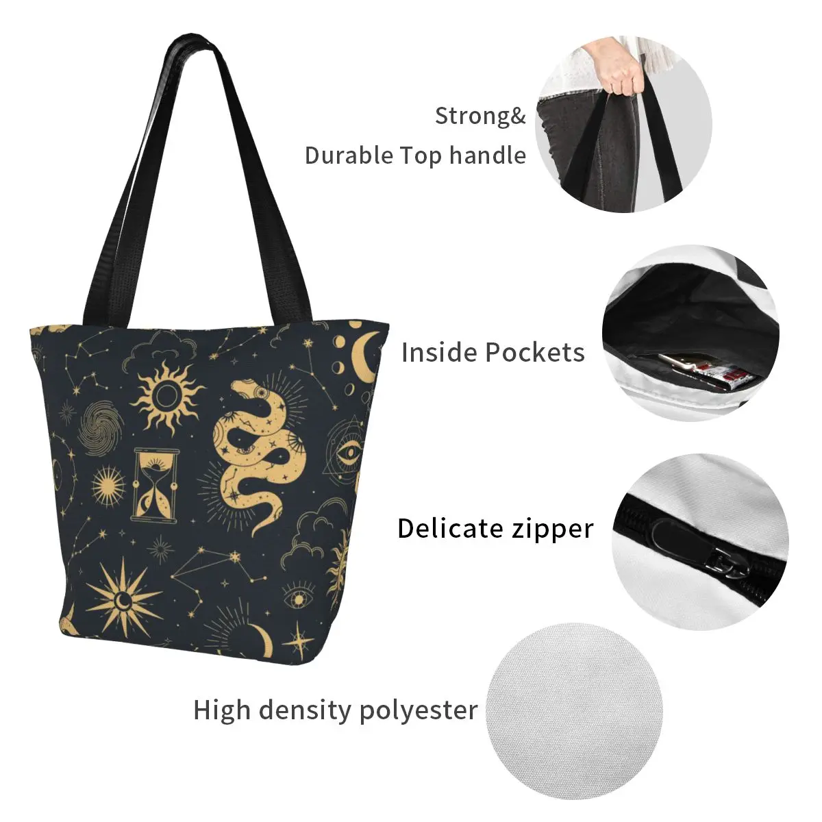 Sun and Moon Retro Shopping Bag Astronomy Witch Woman Fashion Handbags Stylish Cloth Work Bags Shoulder Bag