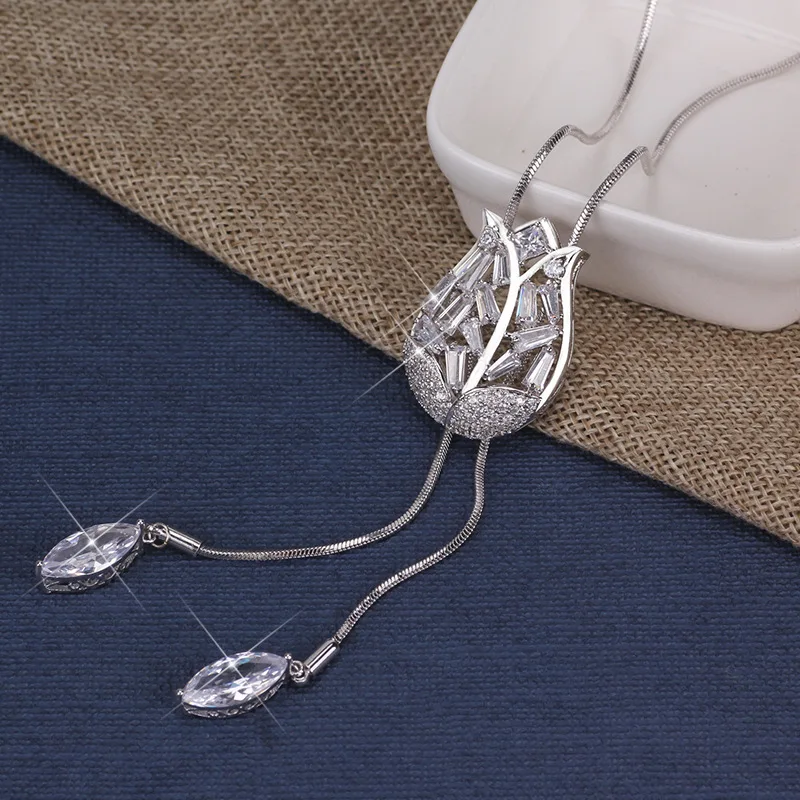 

Autumn and winter new season tulip zircon diamond-encrusted sweater chain versatile long fashionable necklace for women
