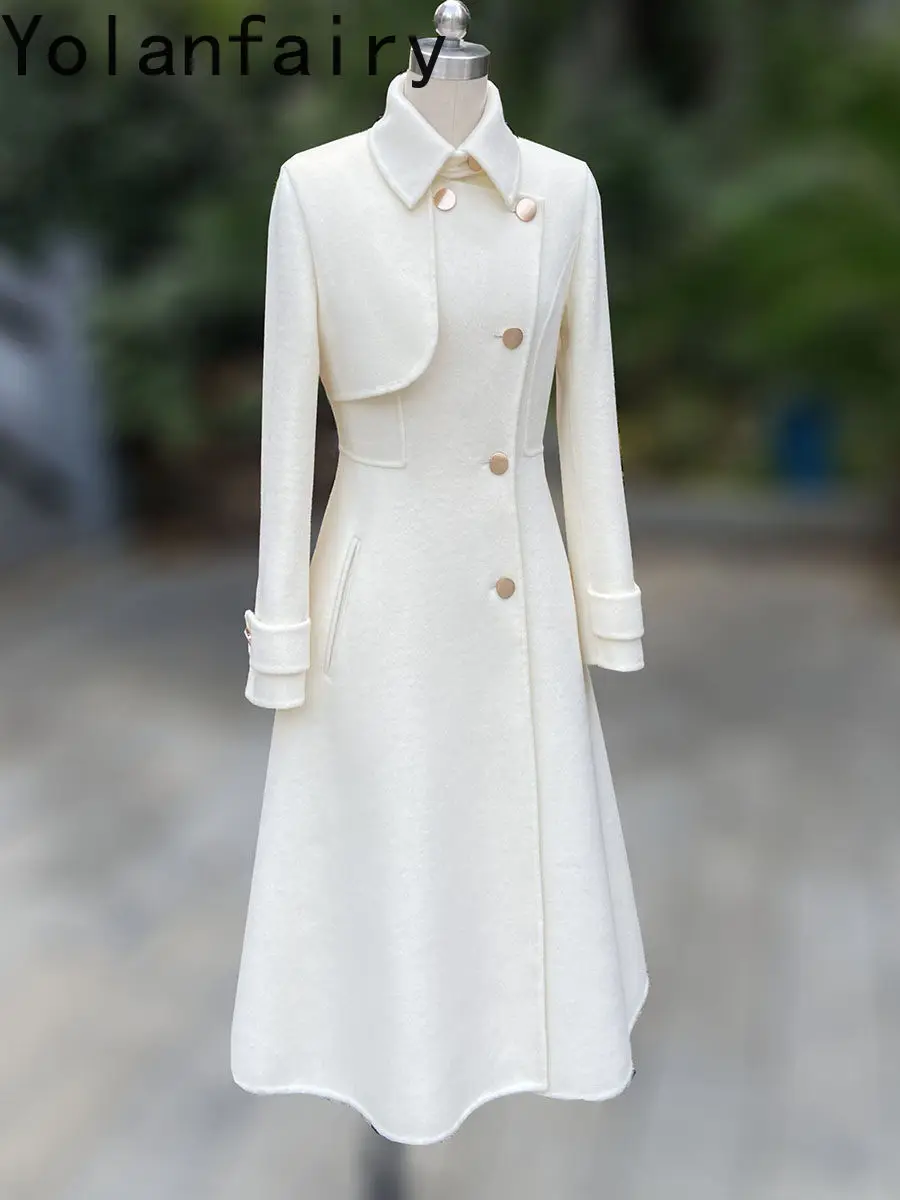 YOLANFAIRY White Double-faced Cashmere Coat Woman Elegant Mid-length 75% Wool Jacket Waisted Woolen Coats Flared Hem 2026 Пальто