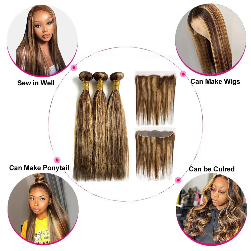 P4/27 Color Bundles With 13x4 Lace Frontal Straight Ombre Brown Blonde Human Hair Weave Bundles With Closure Remy Hair Extension