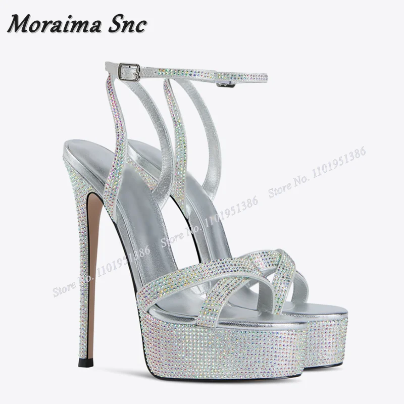 Moraima Snc Silver Platform Crystal Sandals Ankle Buckle High Heels Sandals Women Summer Shoes Fashion Lady Zapatillas Mujer