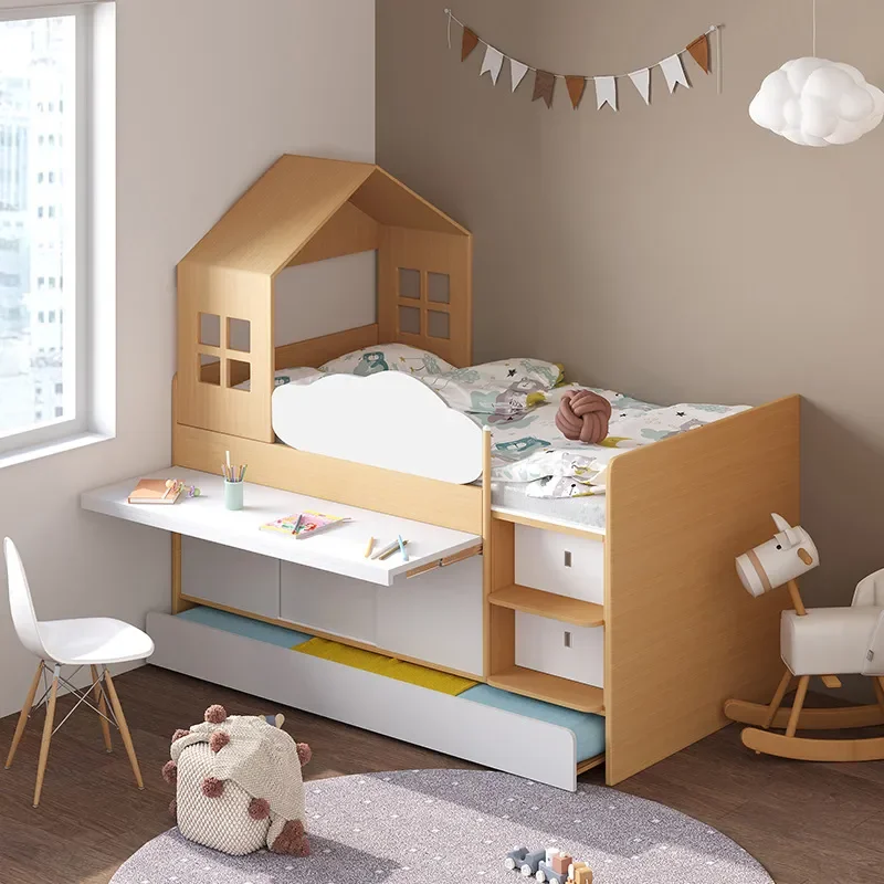 Multifunctional Half Height Bed for Small Apartment Space Saving Childrens Bed with Under Bed Storage Cabinet and Desk