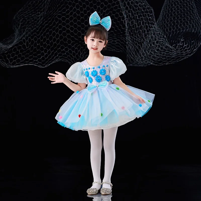 

Sequin flowe Dance Costume Girls Lyrical Contemporary Freestyle Pink Yellow Blue Modern Dance Dress Girls Child Kids