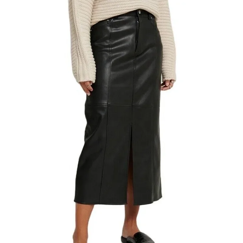 

Women's Authentic Sheepskin 100% Leather Skirt Black High-end Long Skirt European and American Fashion Trend