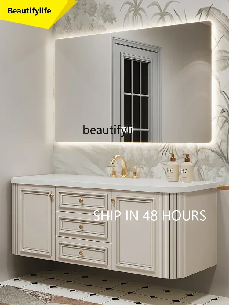 

FG28French Retro Bathroom Cabinet Oak Bathroom New Stone Plate Seamless Hand Washing Bathroom Cabinet Combination Y