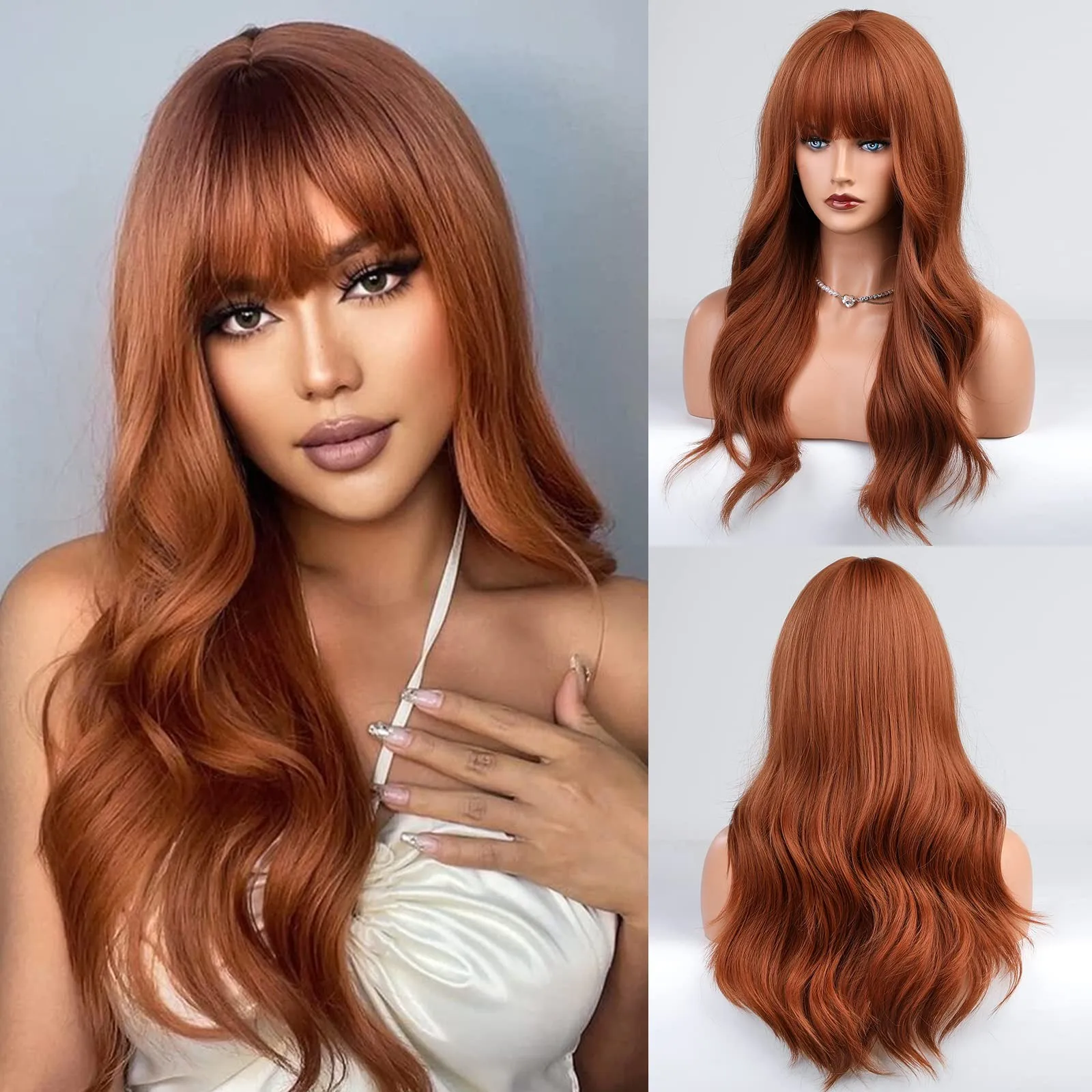 

Auburn Wig with Bangs Long Curly Orange Wigs for Women,Natural Synthetic Wigs...