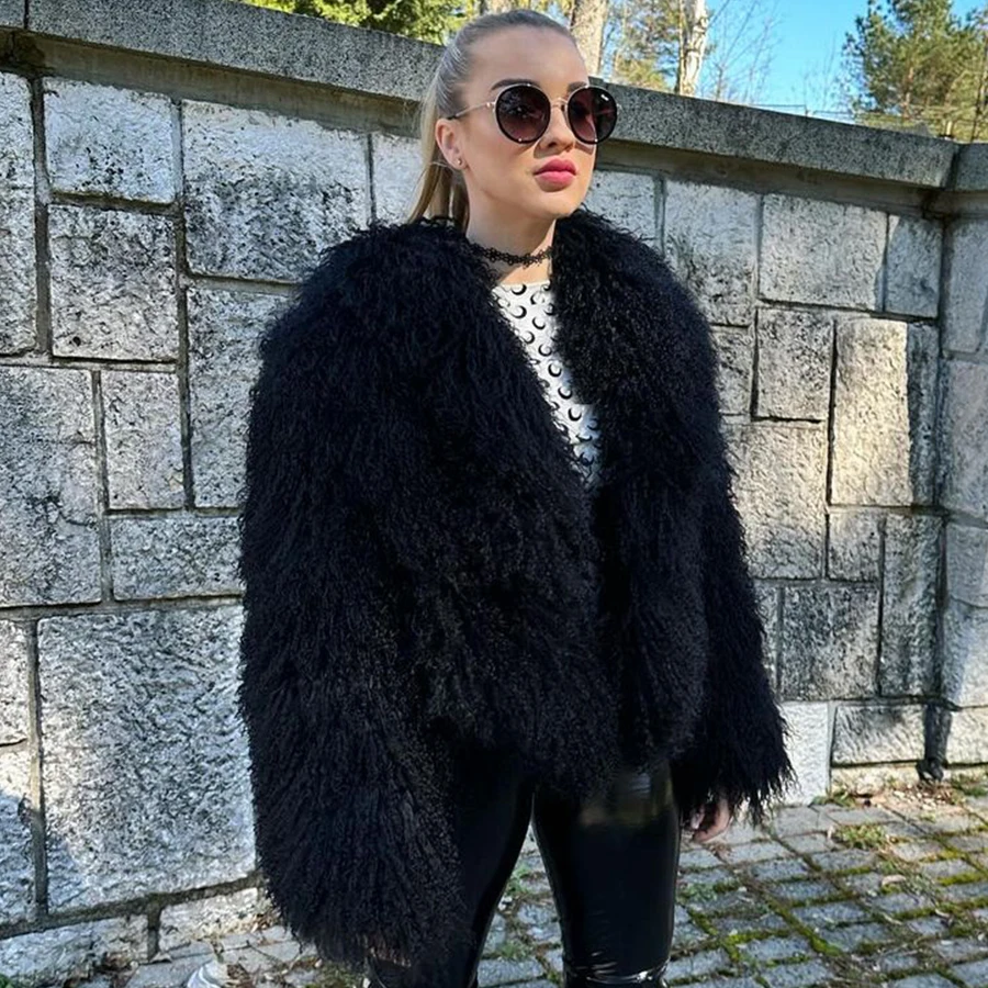 Prawdziwe futro jagnięce Płaszcz damski Mongolian Lamb Fur Coat 2024 Winter New Sheepsking Fur Coat Krótkie puszyste kurtki z futra jagnięcego płaszcz z futra lava