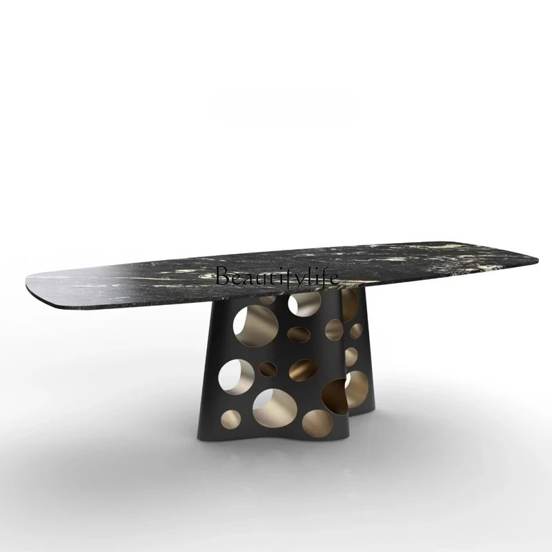 

Italian Minimalist Rectangular Luxury Stone Creative Design Two-tone High-end Light Luxury Simple Stainless Steel Dining Table