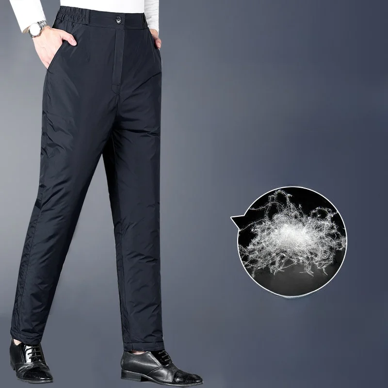 

Мужские пуховые брюки, теплые брюки с высокой талией, уличная одежда, зимние брюки, свободные хлопковые брюки большого размера для папы