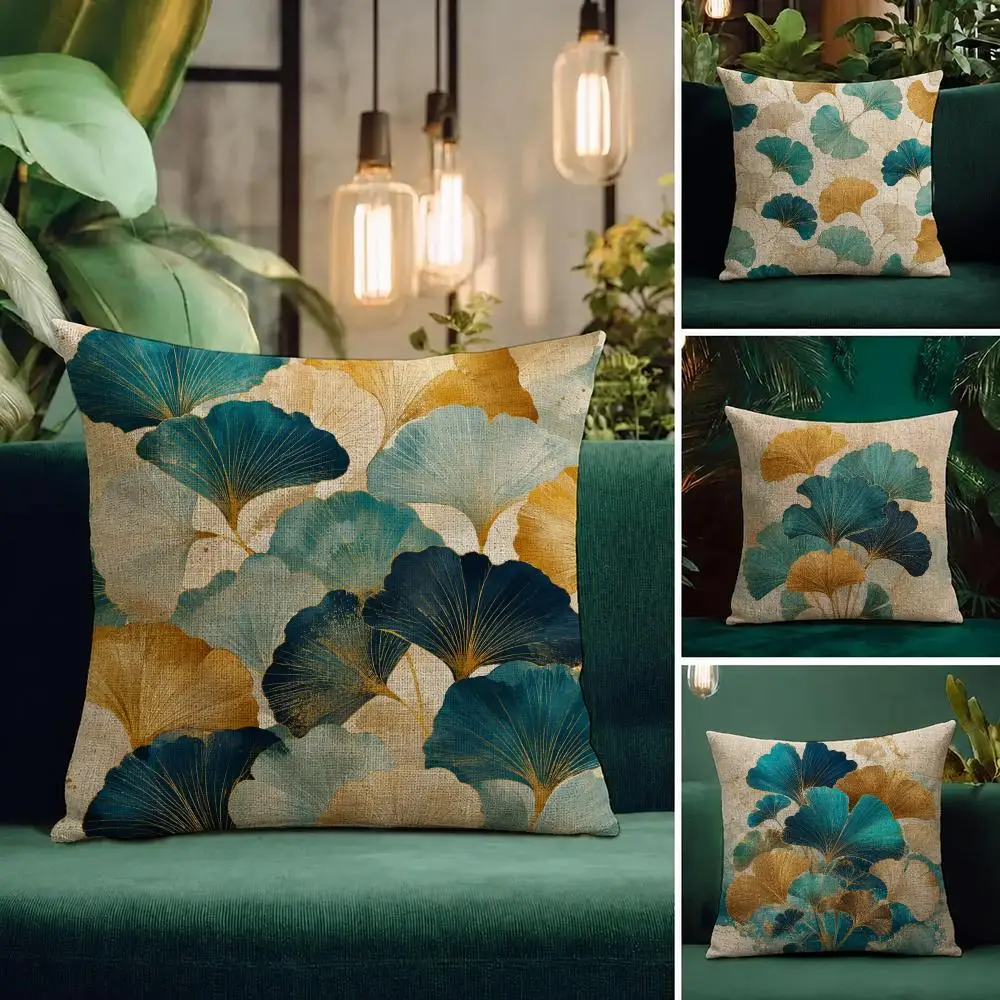 Art Ginkgo Leaves Printed Lucky Cushion Cover Natural Linen Pillowcase Set Cushion Cover for Sofa Bedroom Chair